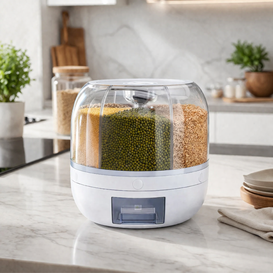 Dispenser de Cereais Giratório 6 Divisórias | Porta Grãos Organizador de Cozinha – OKA®