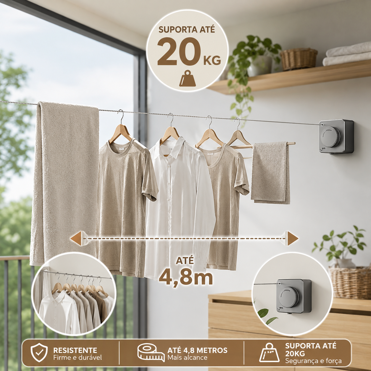 Varal Retrátil em Aço Inoxidável | Varal de Parede Recolhível até 4,8m para Lavanderia e Apartamento – OKA®
