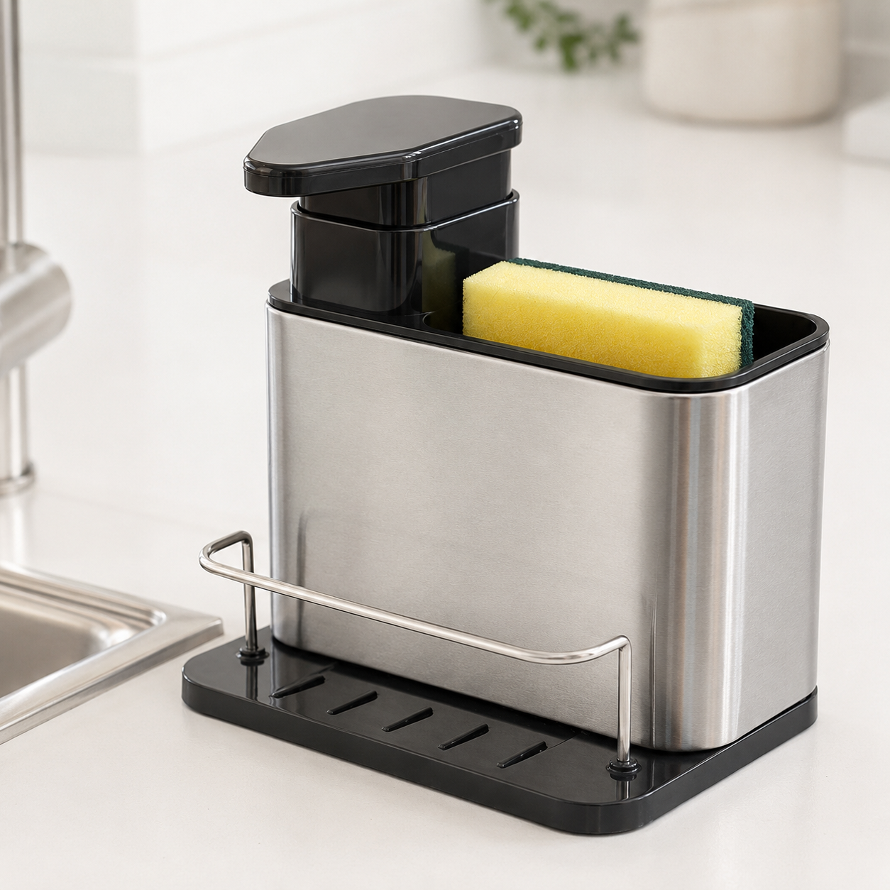 Dispenser de Detergente Premium em Aço Inox | Organizador de Pia com Porta-Esponja para Cozinha – OKA®