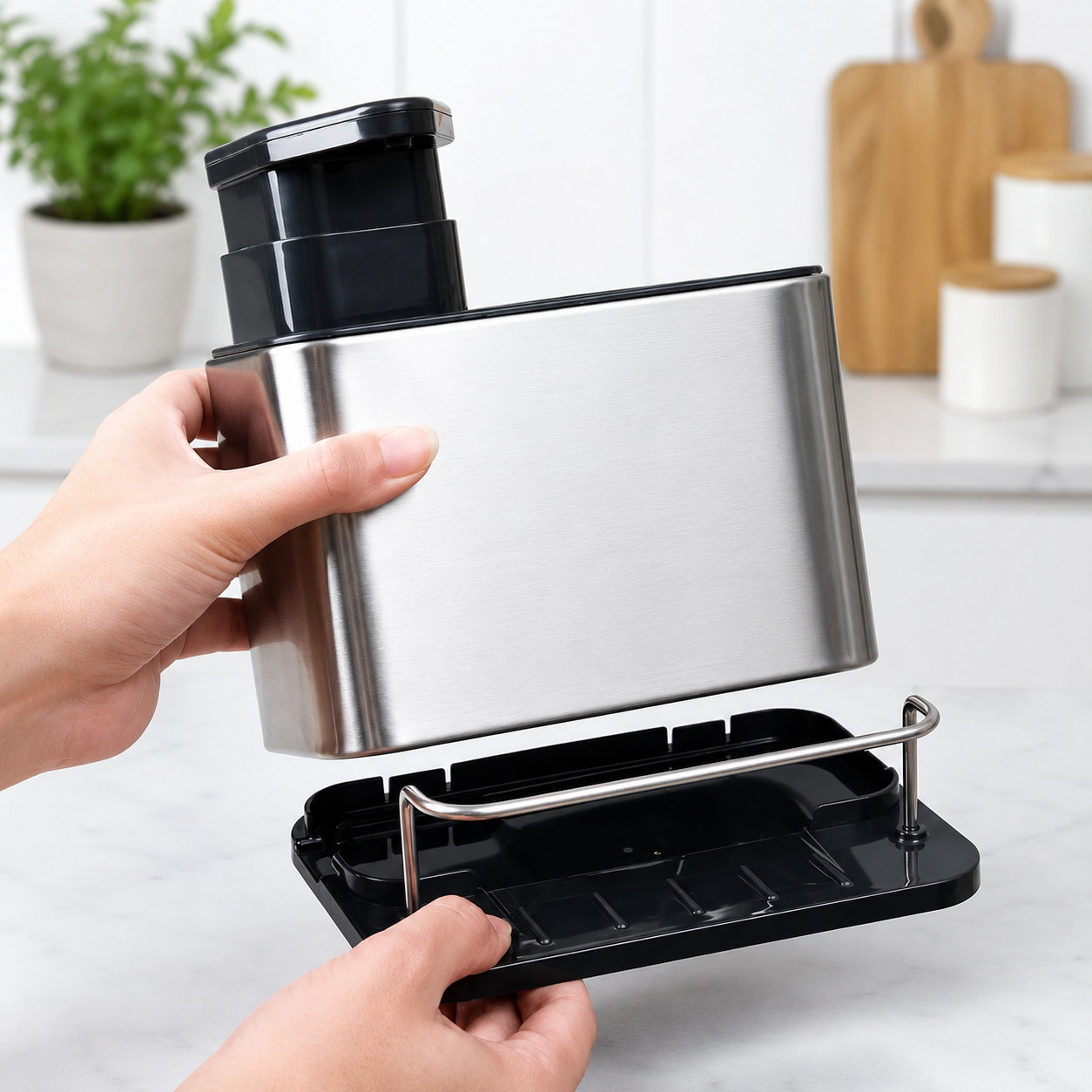 Dispenser de Detergente Premium em Aço Inox | Organizador de Pia com Porta-Esponja para Cozinha – OKA®
