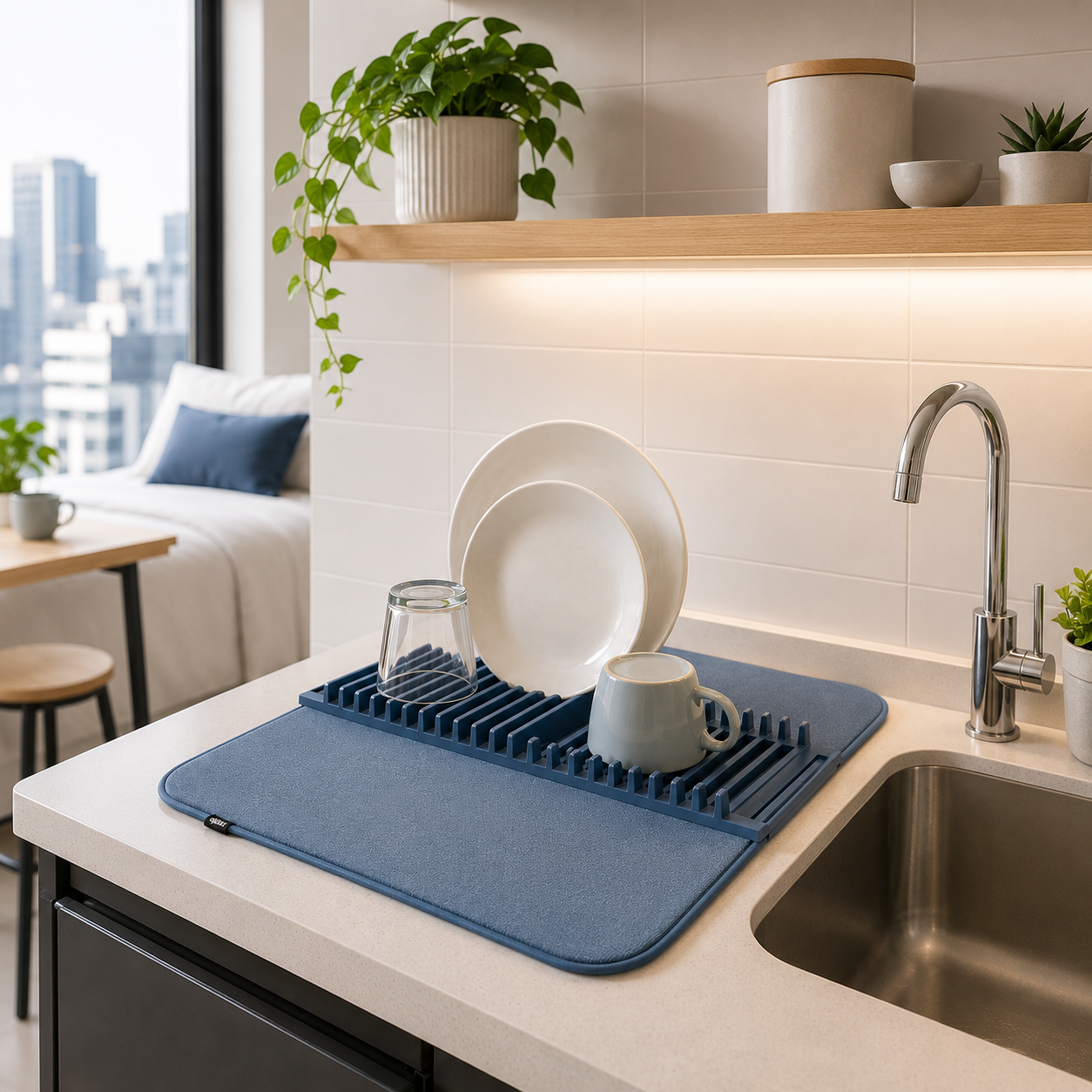 Escorredor de Louças Dobrável com Tapete Absorvente | Organizador de Pia para Cozinha Pequena – OKA®