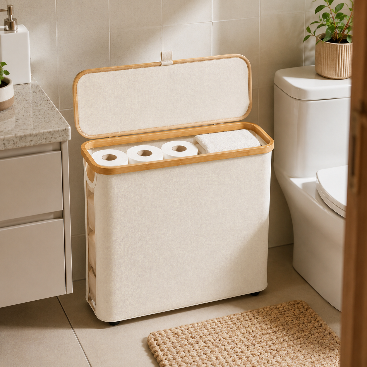 Cesto Organizador Multiuso Dobrável com Tampa e Visor Lateral | Organizador para Banheiro, Quarto e Armário – OKA®