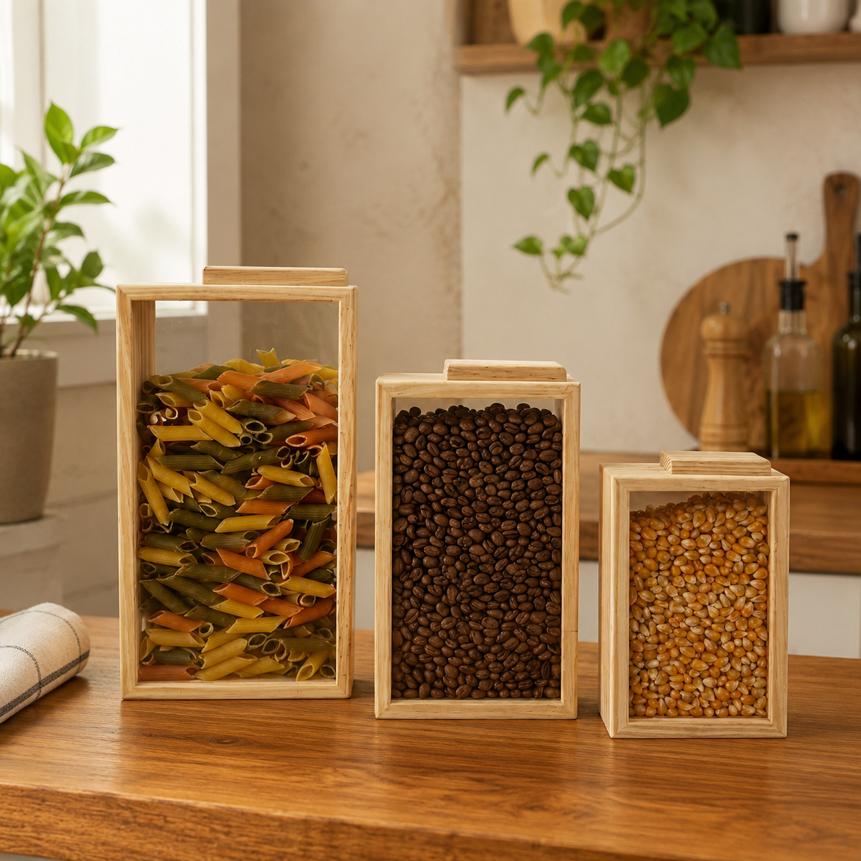 Kit com 3 Caixas Organizadoras de Grãos em Madeira | Porta Mantimentos Cozinha – OKA®