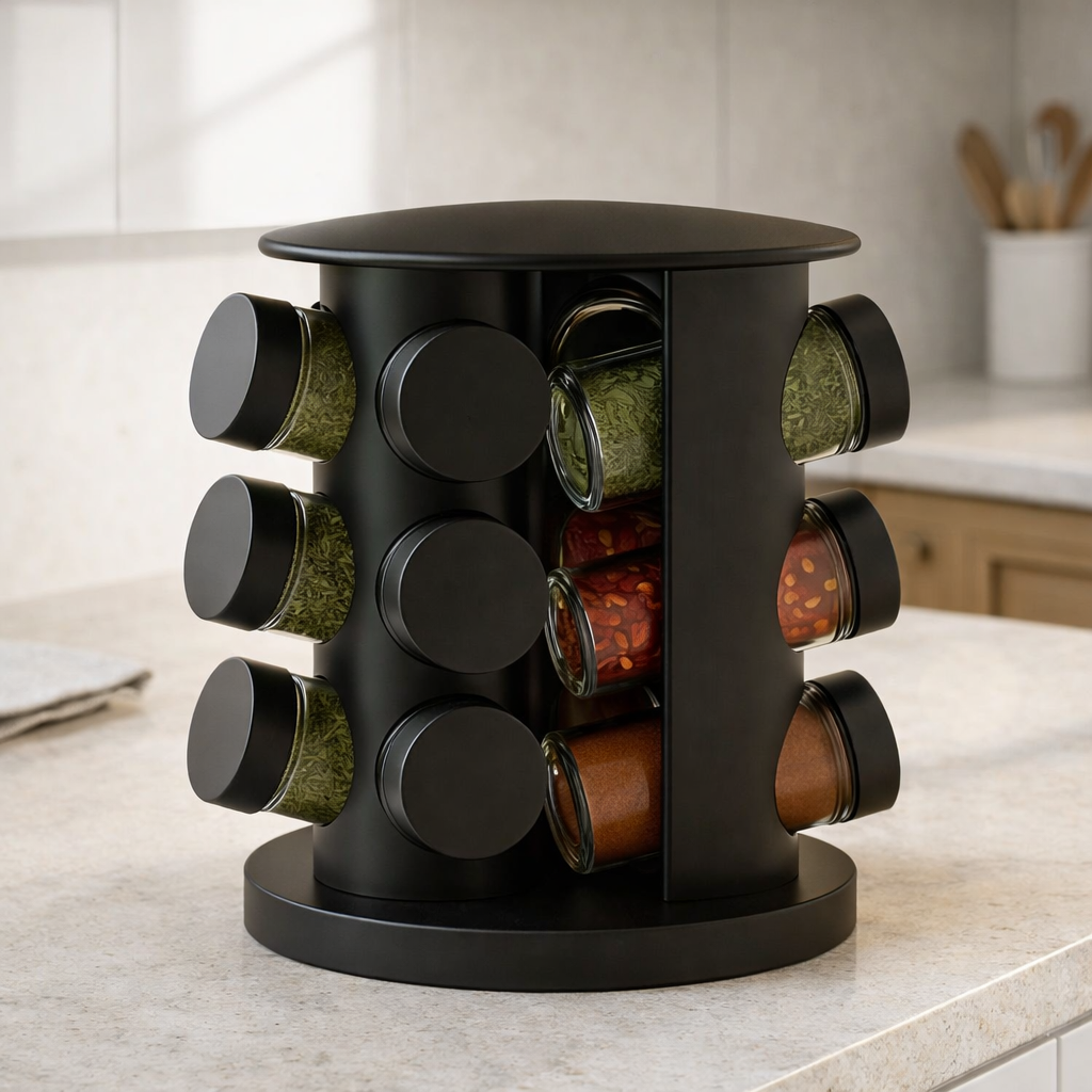 Porta Temperos Giratório 360º com Potes de Vidro e Tampa Dosadora | Organizador de Condimentos Premium – OKA®