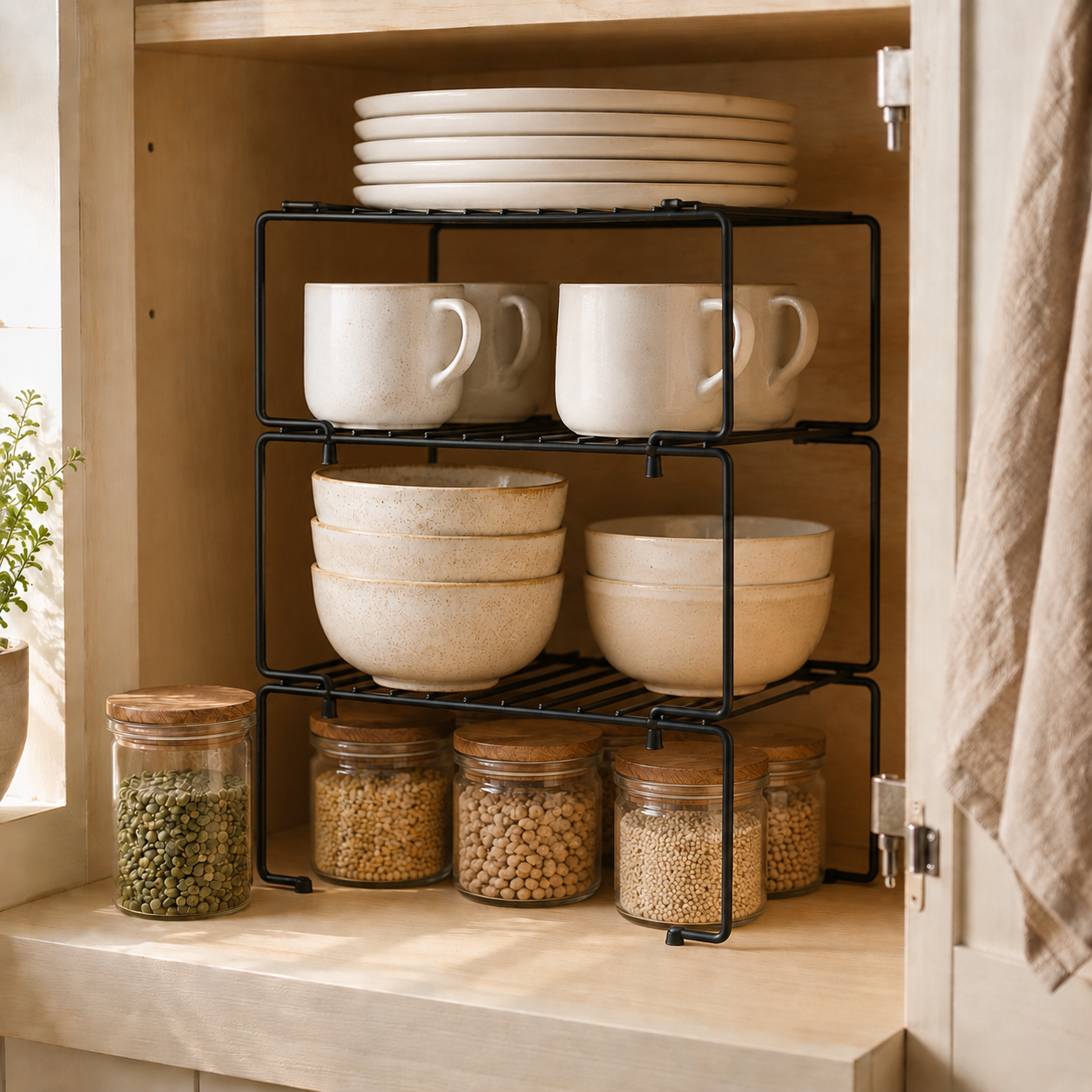 Kit Organizador de Armário Empilhável em Aço | Prateleira Organizadora de Cozinha – OKA®