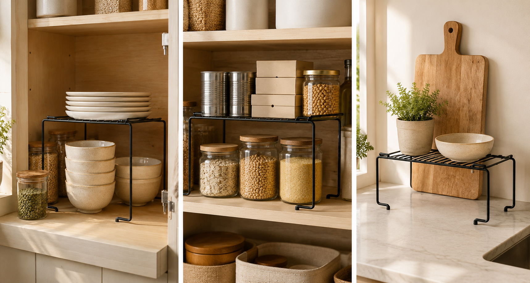 Kit Organizador de Armário Empilhável em Aço | Prateleira Organizadora de Cozinha – OKA®
