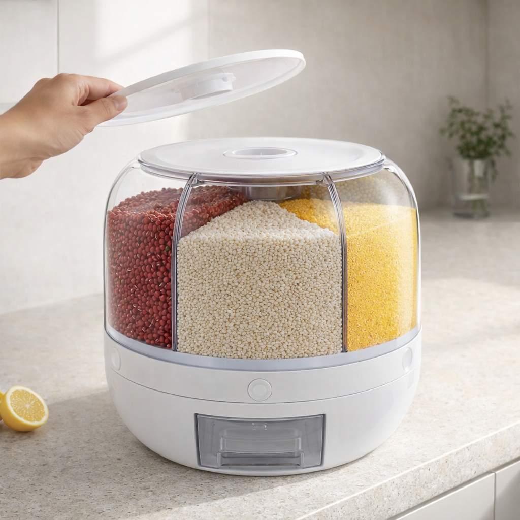 Dispenser de Cereais Giratório 6 Divisórias | Porta Grãos Organizador de Cozinha – OKA®