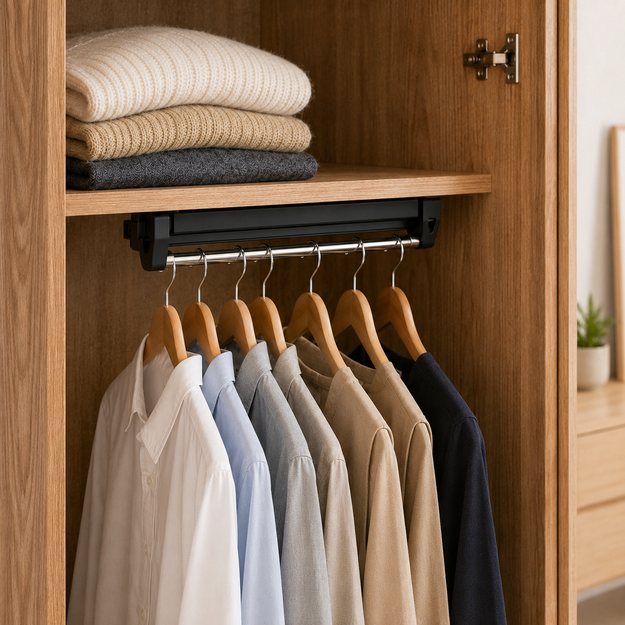 Cabideiro Retrátil Deslizante para Guarda-Roupa em Ferro | Organizador de Armário com Trilho Extensível – OKA®