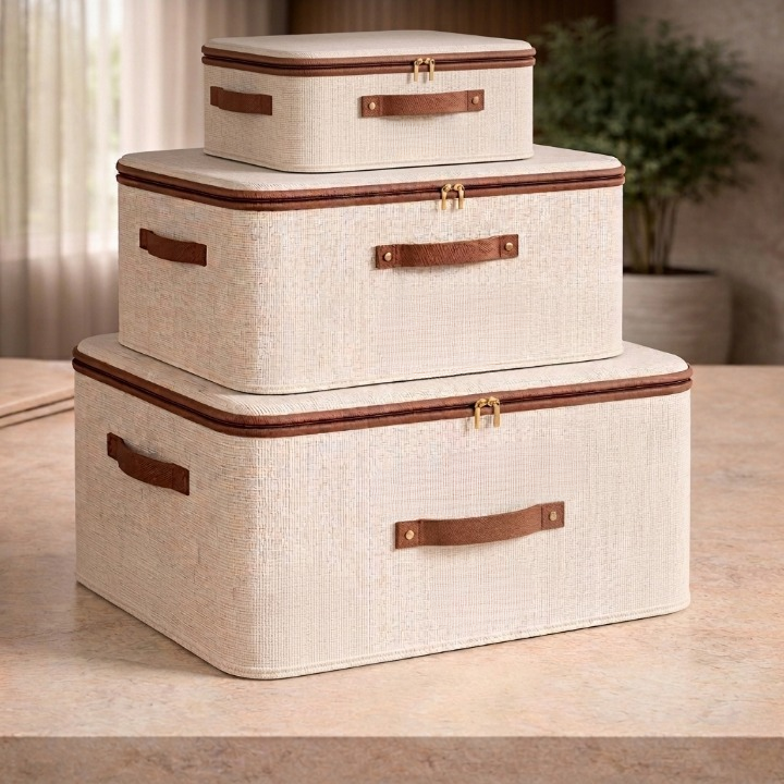 Kit 3 Caixas Organizadoras Dobráveis em Linho | Organizador com Zíper para Guarda-Roupa e Embaixo da Cama – OKA®