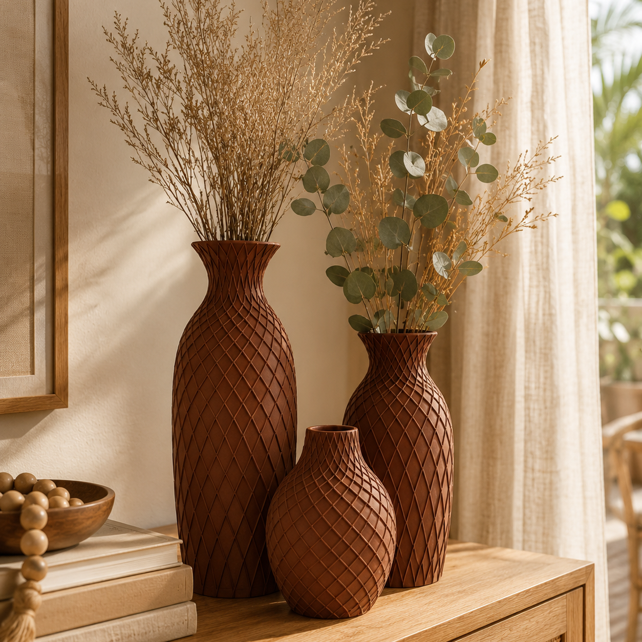 Conjunto Decorativo com 3 Vasos Texturizados Esculturais | Decoração para Sala e Aparador – OKA®