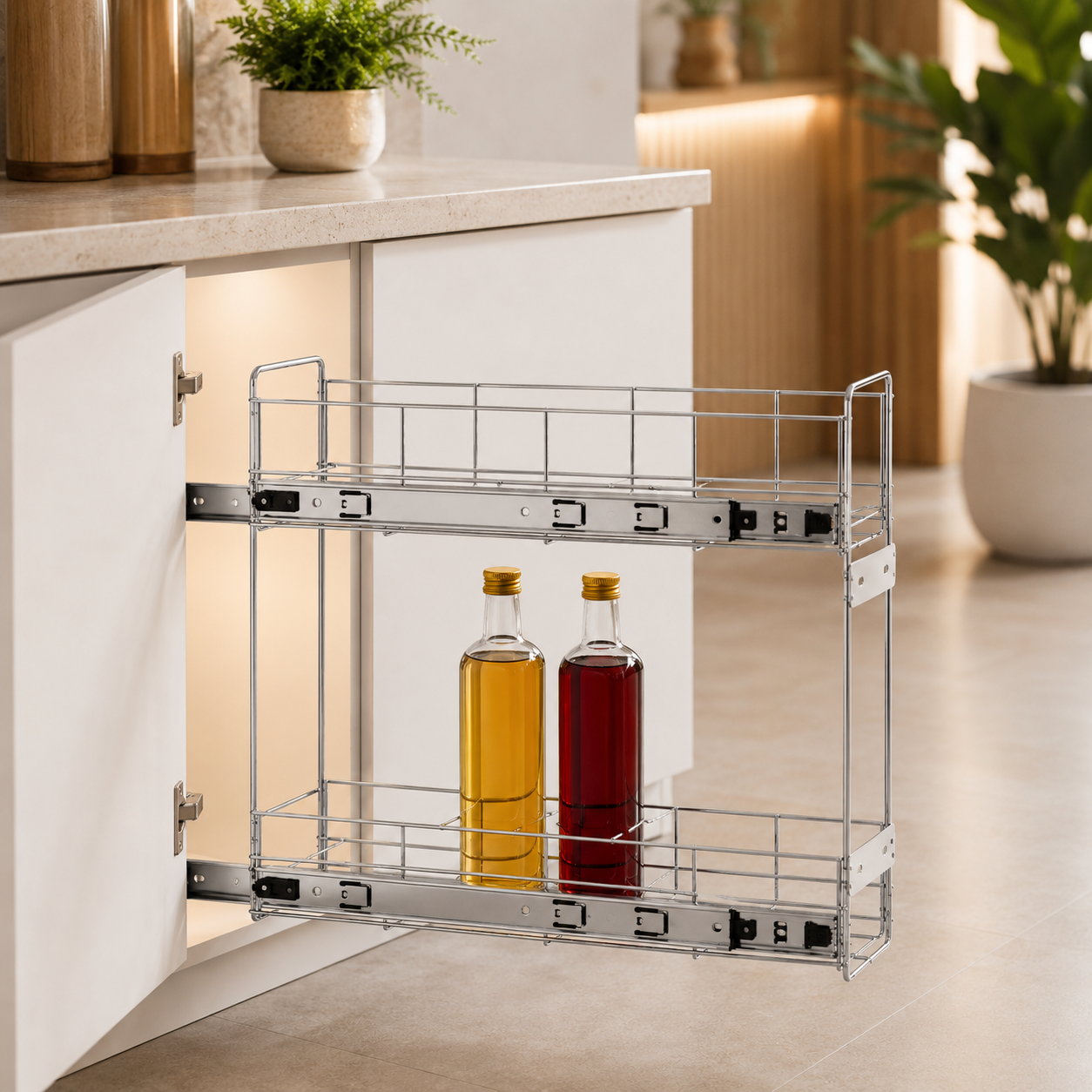 Organizador Deslizante para Armário com Corrediça Telescópica em Aço Cromado | Porta Óleo, Temperos e Latas para Cozinha – OKA®
