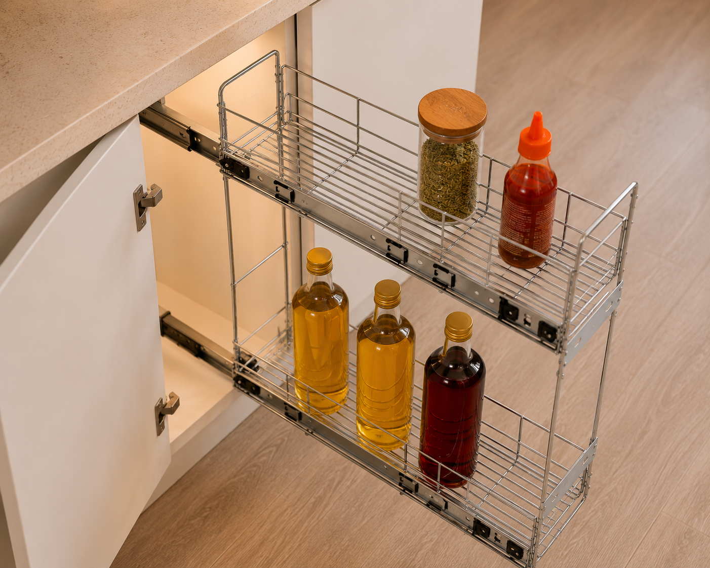 Organizador Deslizante para Armário com Corrediça Telescópica em Aço Cromado | Porta Óleo, Temperos e Latas para Cozinha – OKA®