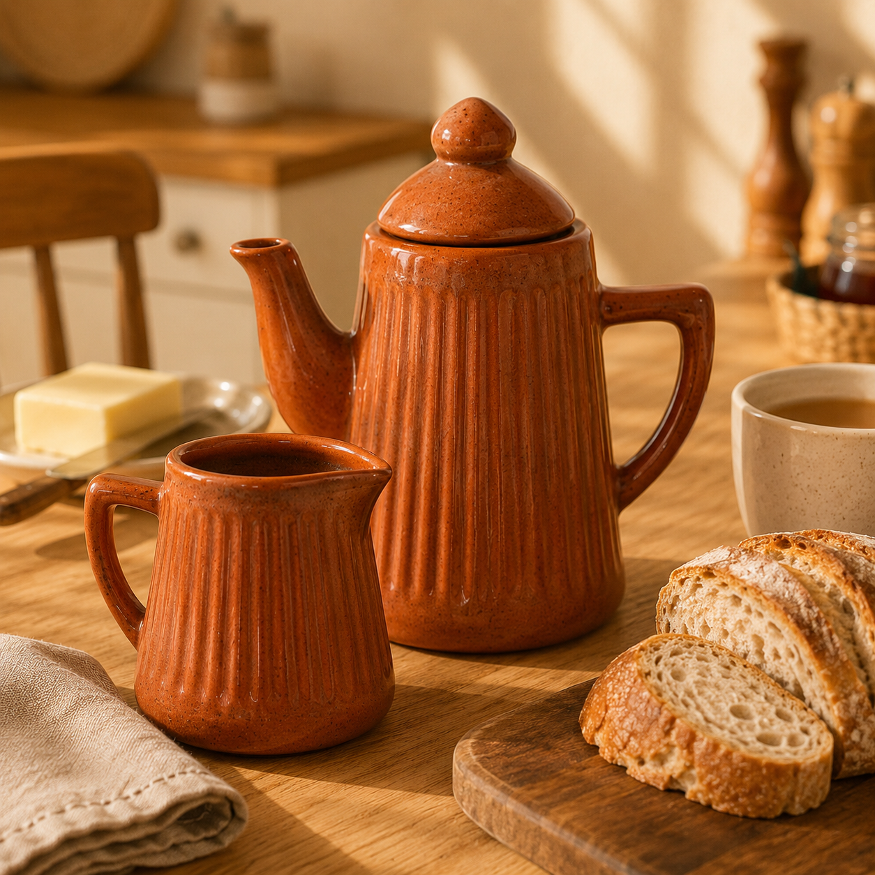 Kit Bule e Leiteira Artesanal em Cerâmica Canelada | Mesa Posta e Decoração – OKA®