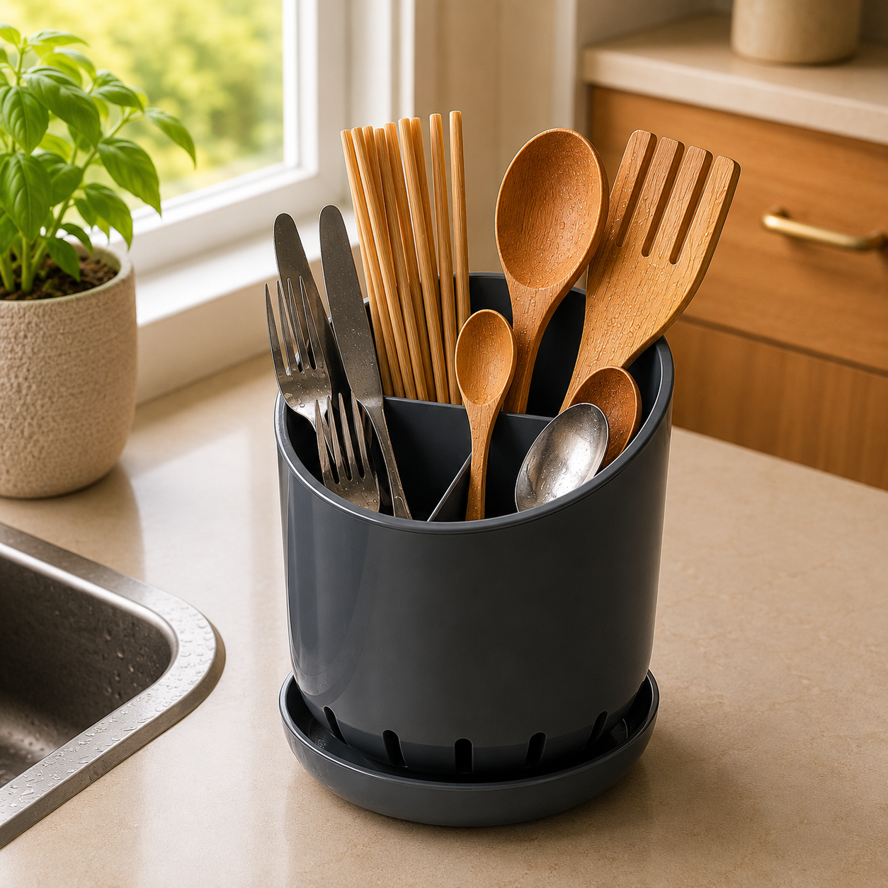 Porta Utensílios de Cozinha com Divisórias e Drenagem | Organizador Multiuso para Talheres – OKA®