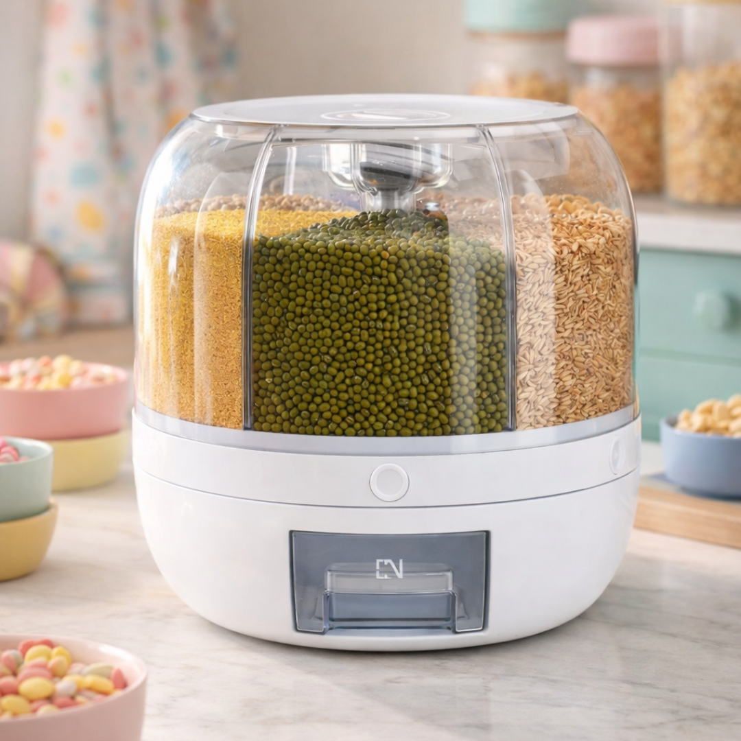 Dispenser de Cereais Giratório 6 Divisórias | Porta Grãos Organizador de Cozinha – OKA®
