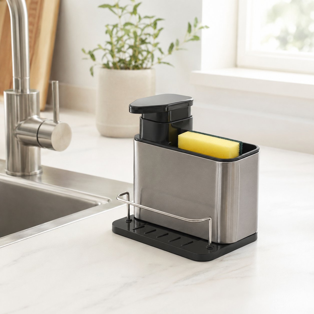 Dispenser de Detergente Premium em Aço Inox | Organizador de Pia com Porta-Esponja para Cozinha – OKA®