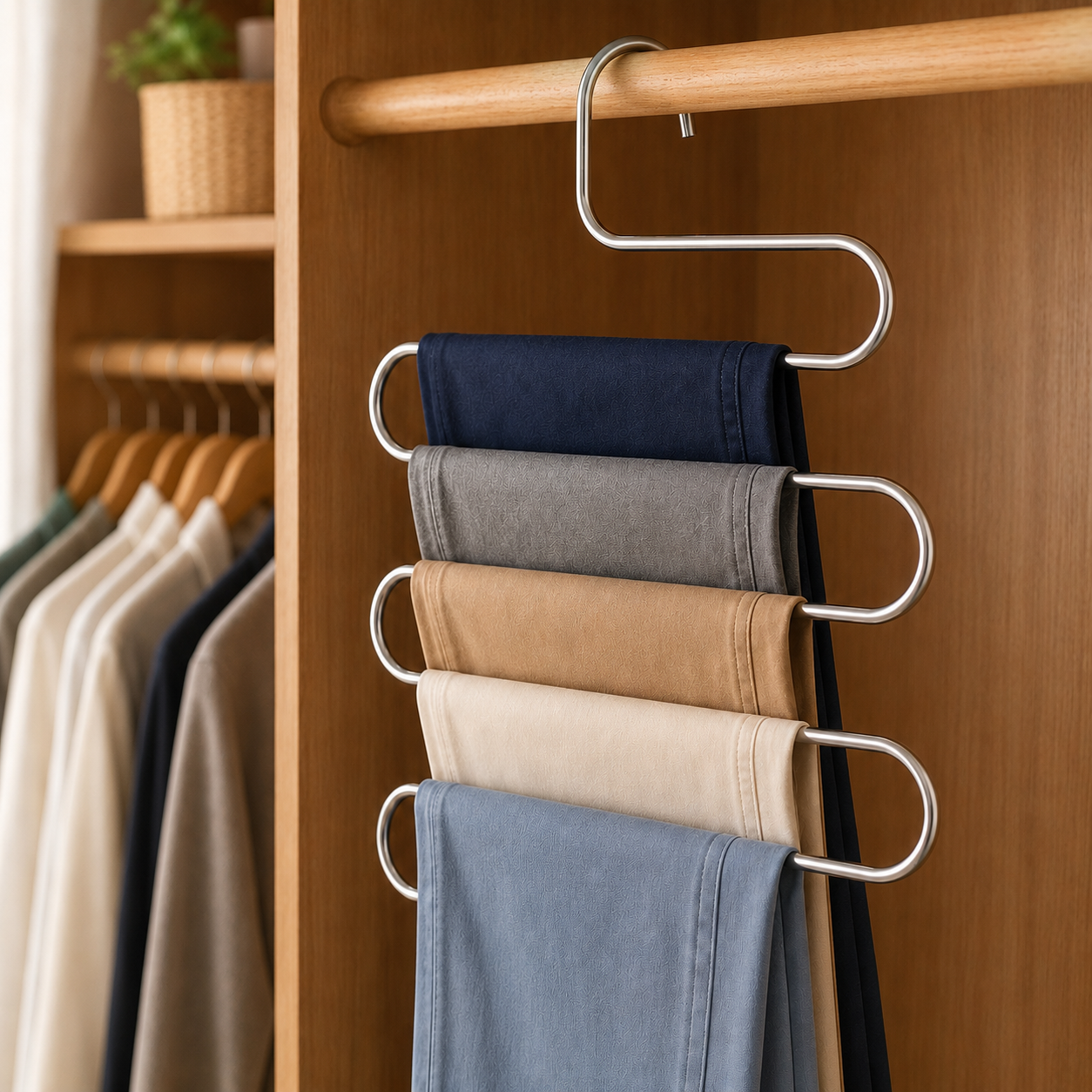 Kit Cabide Organizador Multiuso em Aço 5 Níveis | Suporte para Calças, Jeans e Lenços no Guarda-Roupa – OKA®
