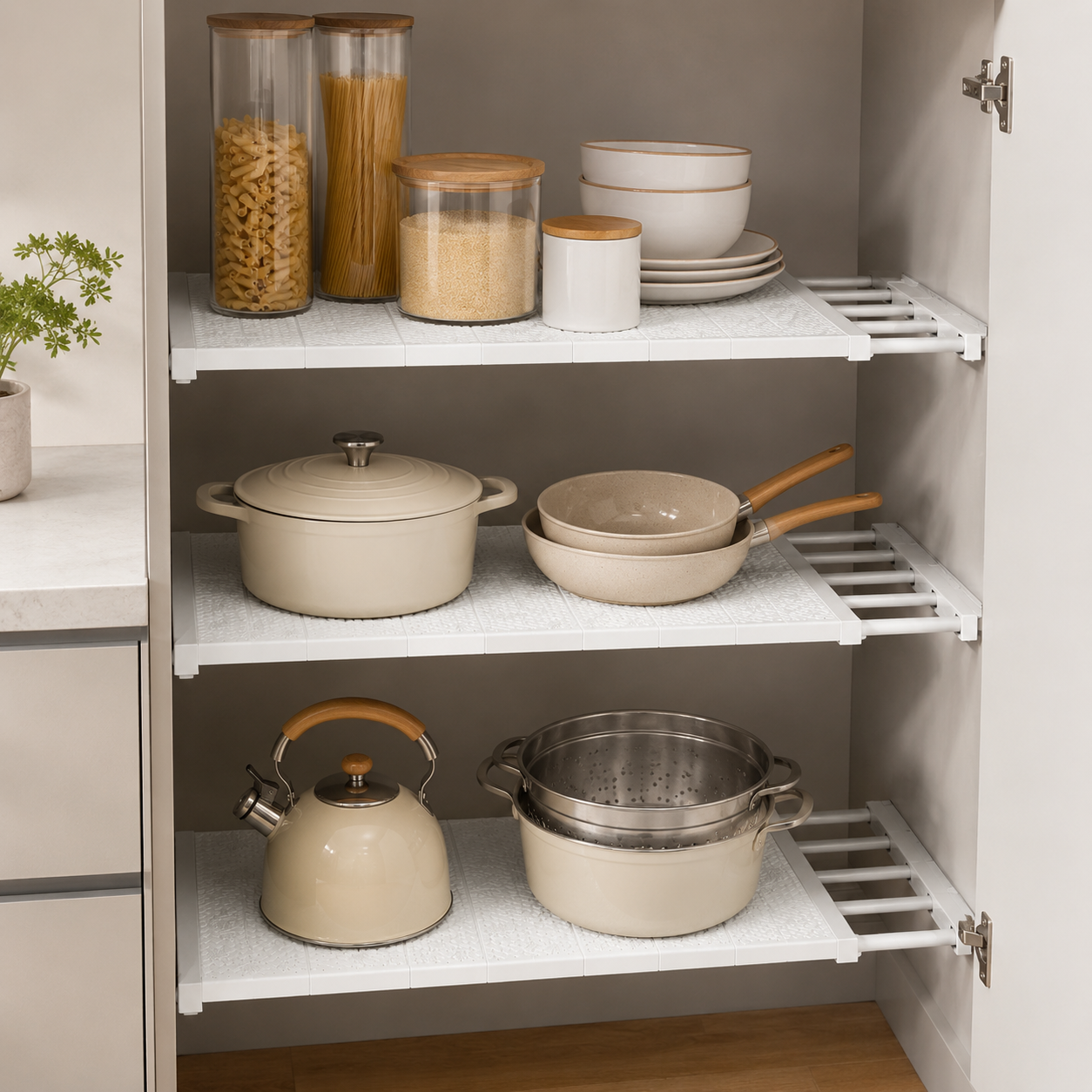 Prateleira Retrátil Multifuncional em Aço | Organizador Ajustável para Armário, Cozinha e Banheiro – OKA®