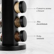 Porta Temperos Giratório 360º com Potes de Vidro e Tampa Dosadora | Organizador de Condimentos Premium – OKA®