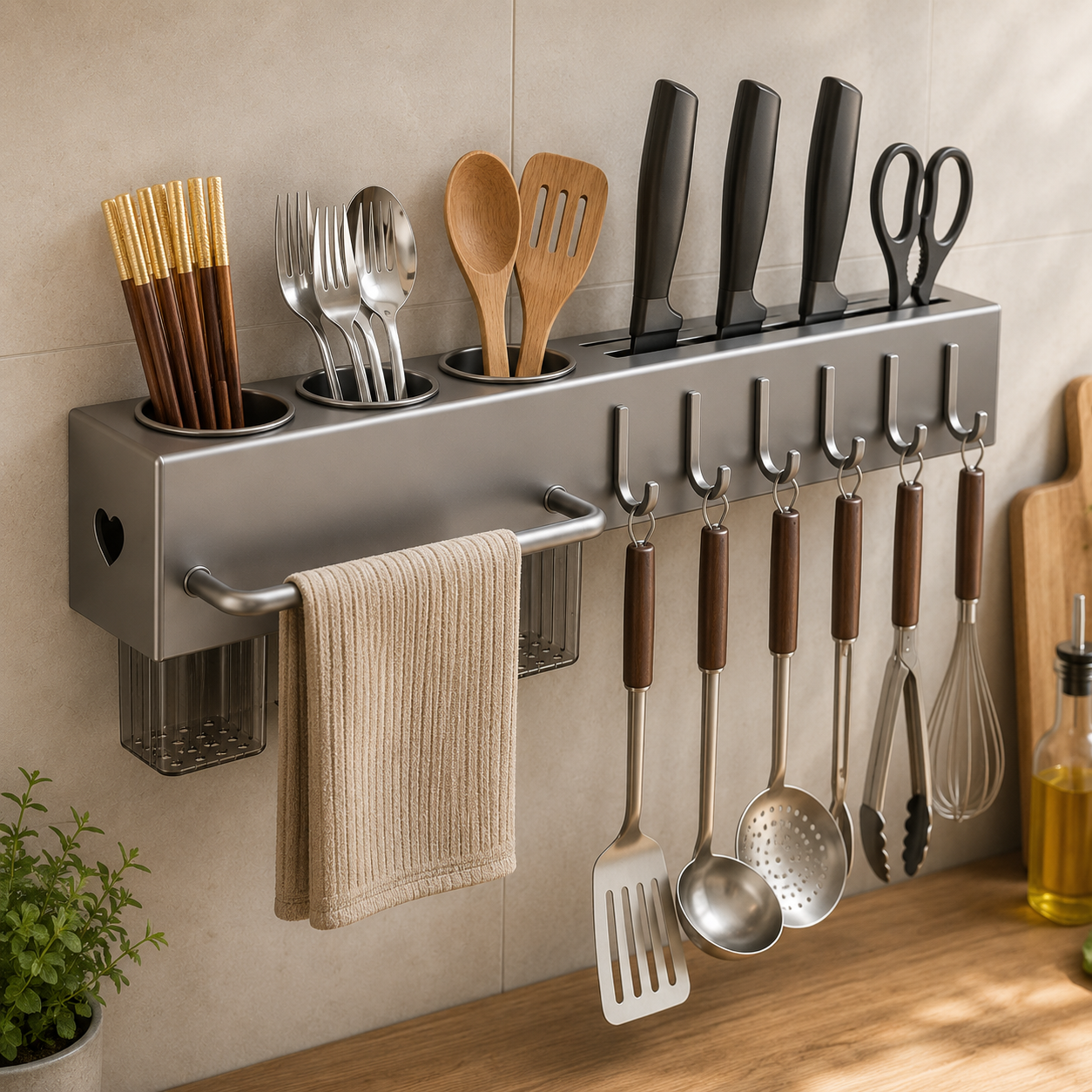 Organizador Multifuncional de Parede para Facas, Talheres e Utensílios em Aço | Suporte de Cozinha com Ganchos e Porta-Panos – OKA®