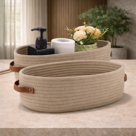 Cesto Organizador Grande em Corda de Algodão com Detalhe em Couro OKA® – Armazenamento Decorativo Sofisticado