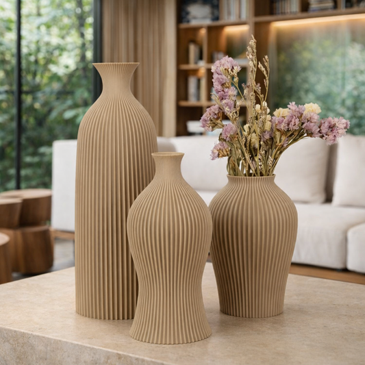 Conjunto Decorativo com 3 Vasos Minimalistas em Tom Morandi – Elegância Wabi-Sabi para Ambientes Sofisticados