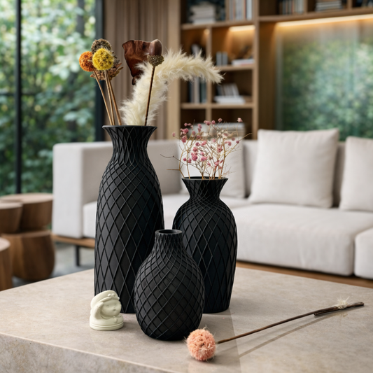 Conjunto Decorativo com 3 Vasos Texturizados Esculturais OKA® – Design Artístico Moderno para Ambientes Sofisticados