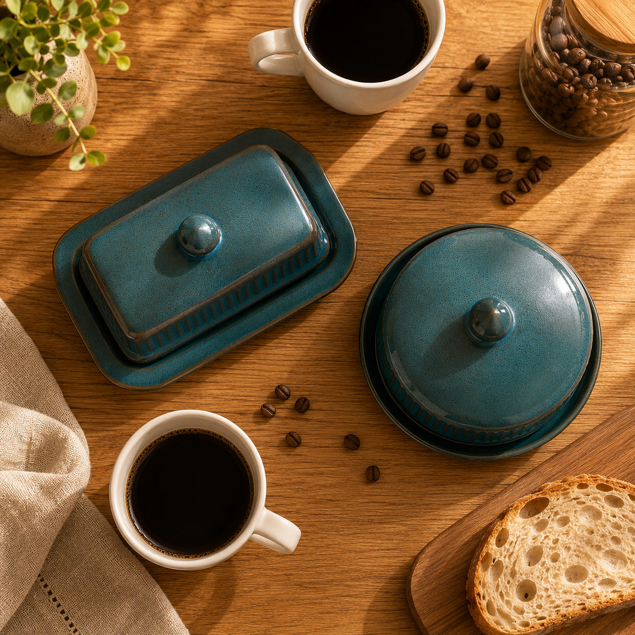 Kit Queijeira e Manteigueira Cerâmica Canelada | Porta-Queijo e Porta-Manteiga para Mesa e Cozinha – OKA®