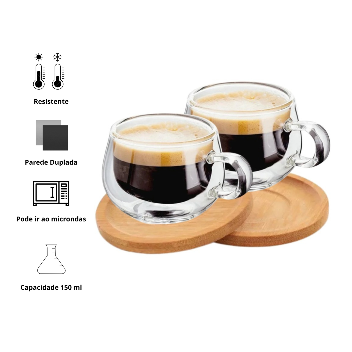 Kit 2 Xícaras de Café 150ml em Vidro Duplo com Pires em bambu OKA® – Parede Dupla Térmica