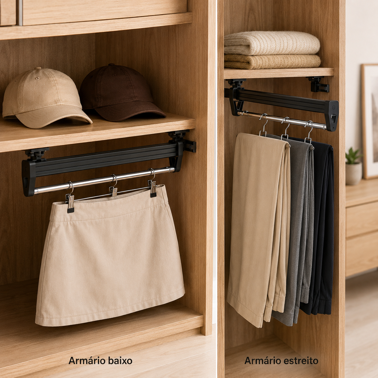 Cabideiro Retrátil Deslizante para Guarda-Roupa em Ferro | Organizador de Armário com Trilho Extensível – OKA®