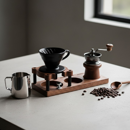 Estação de Compactação em Madeira de Nogueira para Café OKA® – Organização e Precisão Barista