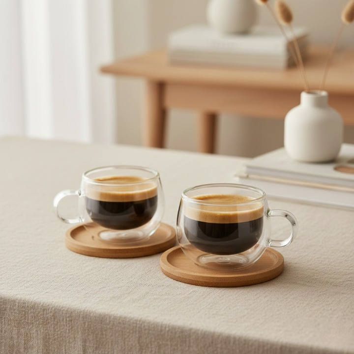 Kit 2 Xícaras de Café 150ml em Vidro Duplo com Pires em bambu OKA® – Parede Dupla Térmica