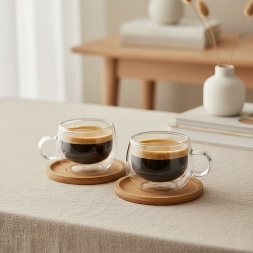 Kit 2 Xícaras de Café 150ml em Vidro Duplo com Pires em bambu OKA® – Parede Dupla Térmica