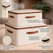 Kit 3 Caixas Organizadoras Dobráveis em Linho | Organizador com Zíper para Guarda-Roupa e Embaixo da Cama – OKA®