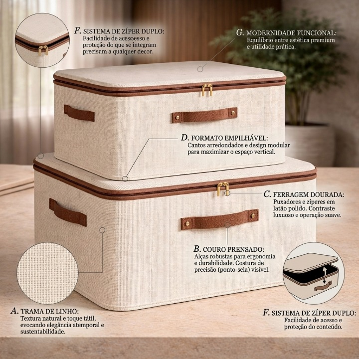 Kit 3 Caixas Organizadoras Dobráveis em Linho | Organizador com Zíper para Guarda-Roupa e Embaixo da Cama – OKA®