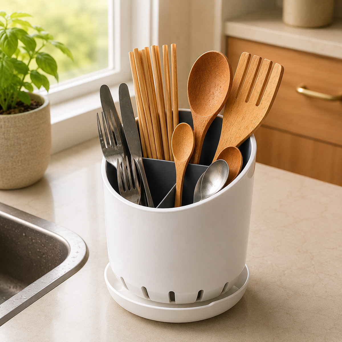 Porta Utensílios de Cozinha com Divisórias e Drenagem | Organizador Multiuso para Talheres – OKA®