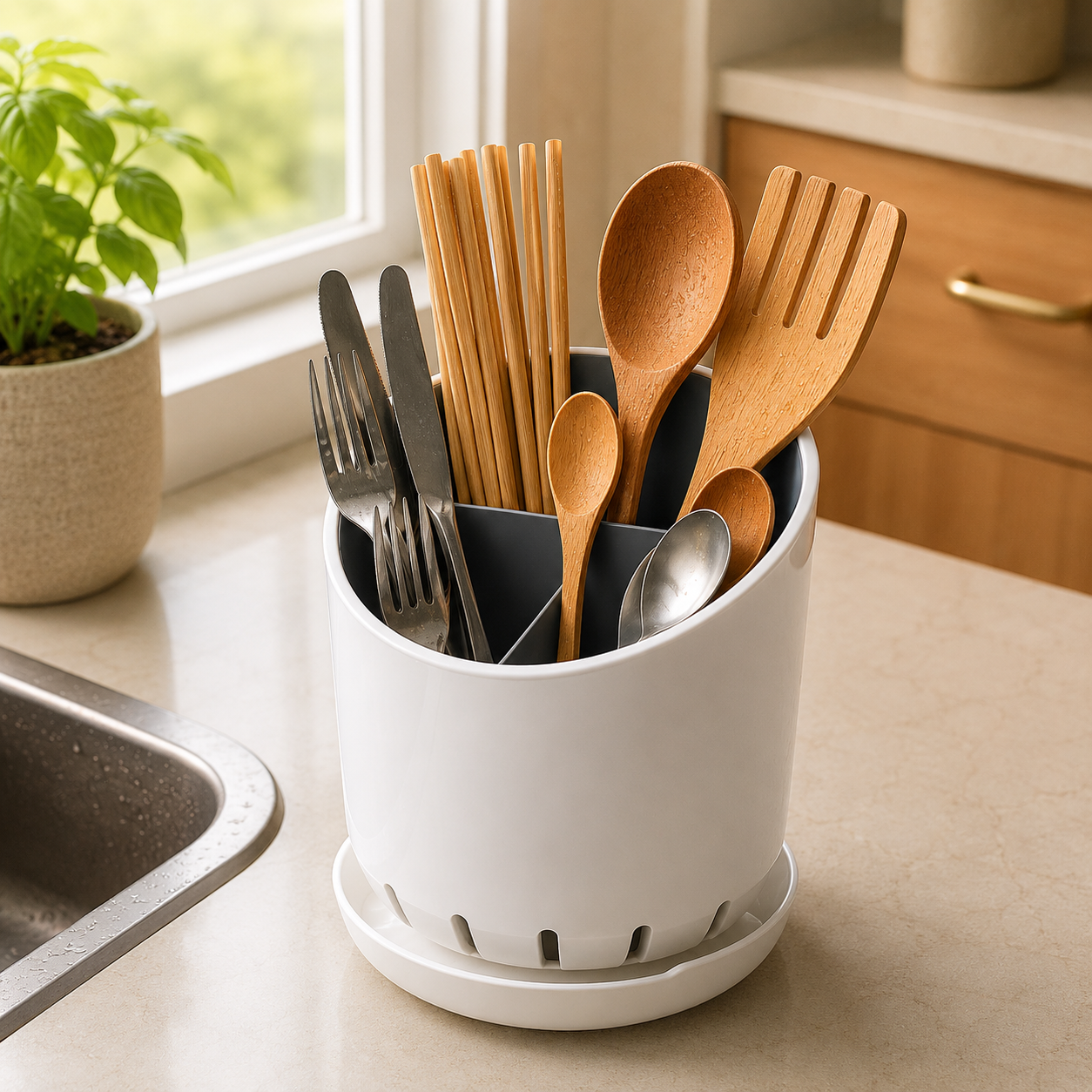 Porta Utensílios de Cozinha com Divisórias e Drenagem | Organizador Multiuso para Talheres – OKA®