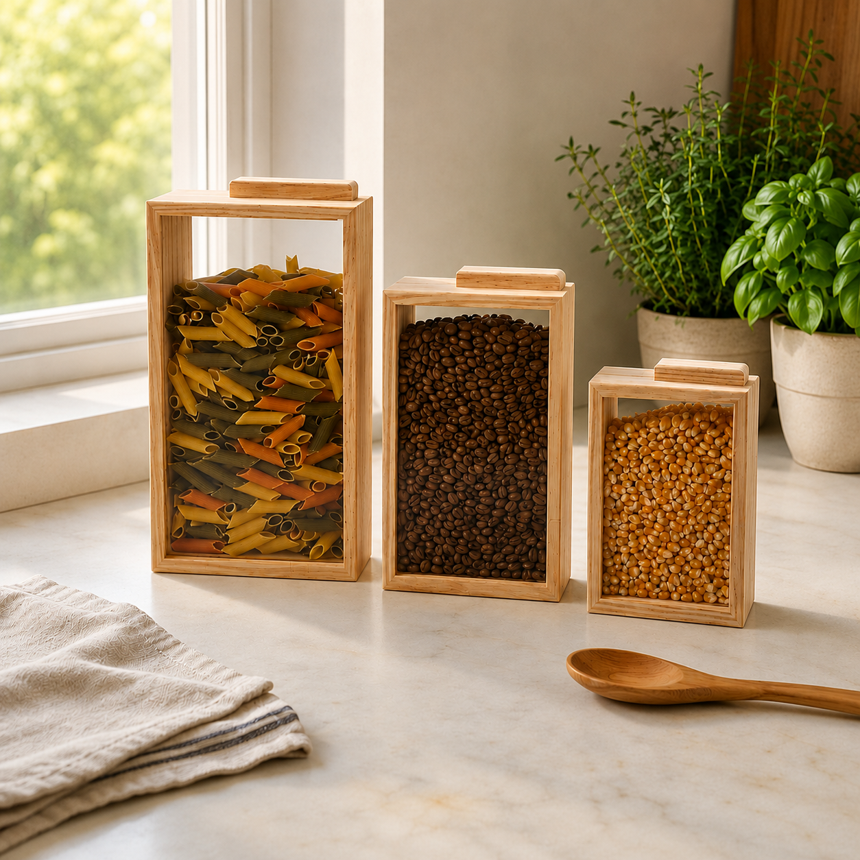 Kit com 3 Caixas Organizadoras de Grãos em Madeira | Porta Mantimentos Cozinha – OKA®