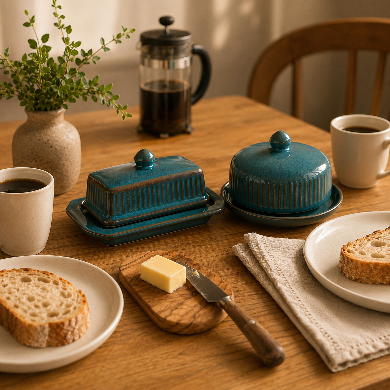Kit Queijeira e Manteigueira Cerâmica Canelada | Porta-Queijo e Porta-Manteiga para Mesa e Cozinha – OKA®