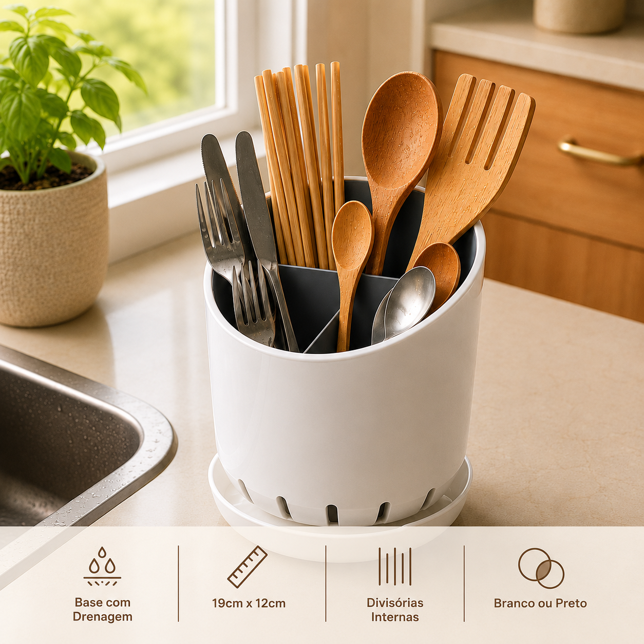 Porta Utensílios de Cozinha com Divisórias e Drenagem | Organizador Multiuso para Talheres – OKA®