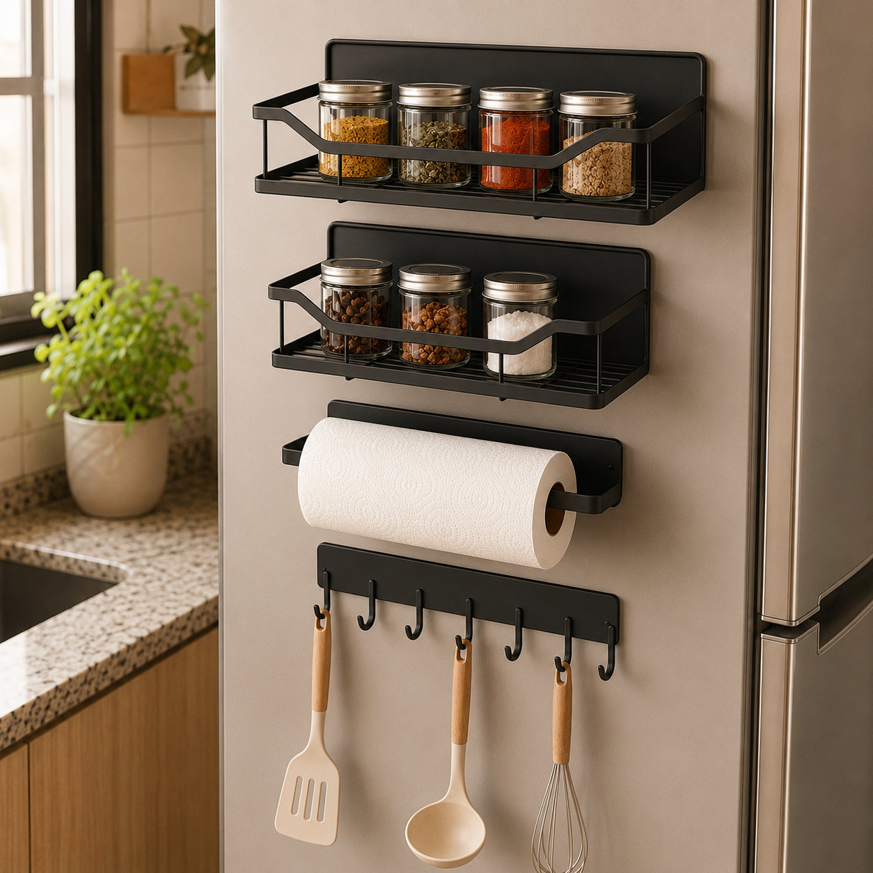Organizador Modular Magnético para Geladeira com Cestos, Porta-Papel e Ganchos | Sem Furos – OKA®