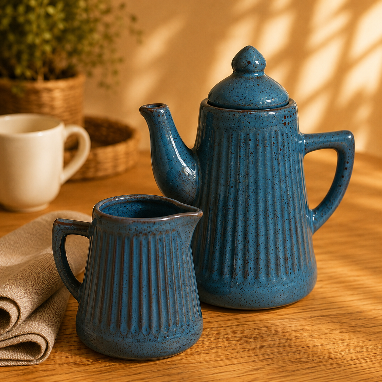 Kit Bule e Leiteira Artesanal em Cerâmica Canelada | Mesa Posta e Decoração – OKA®