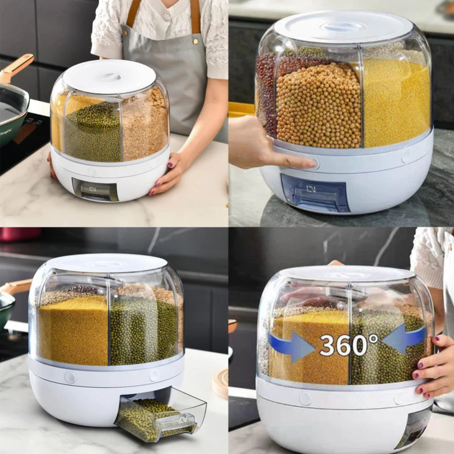 Dispenser de Cereais Giratório 6 Divisórias | Porta Grãos Organizador de Cozinha – OKA®