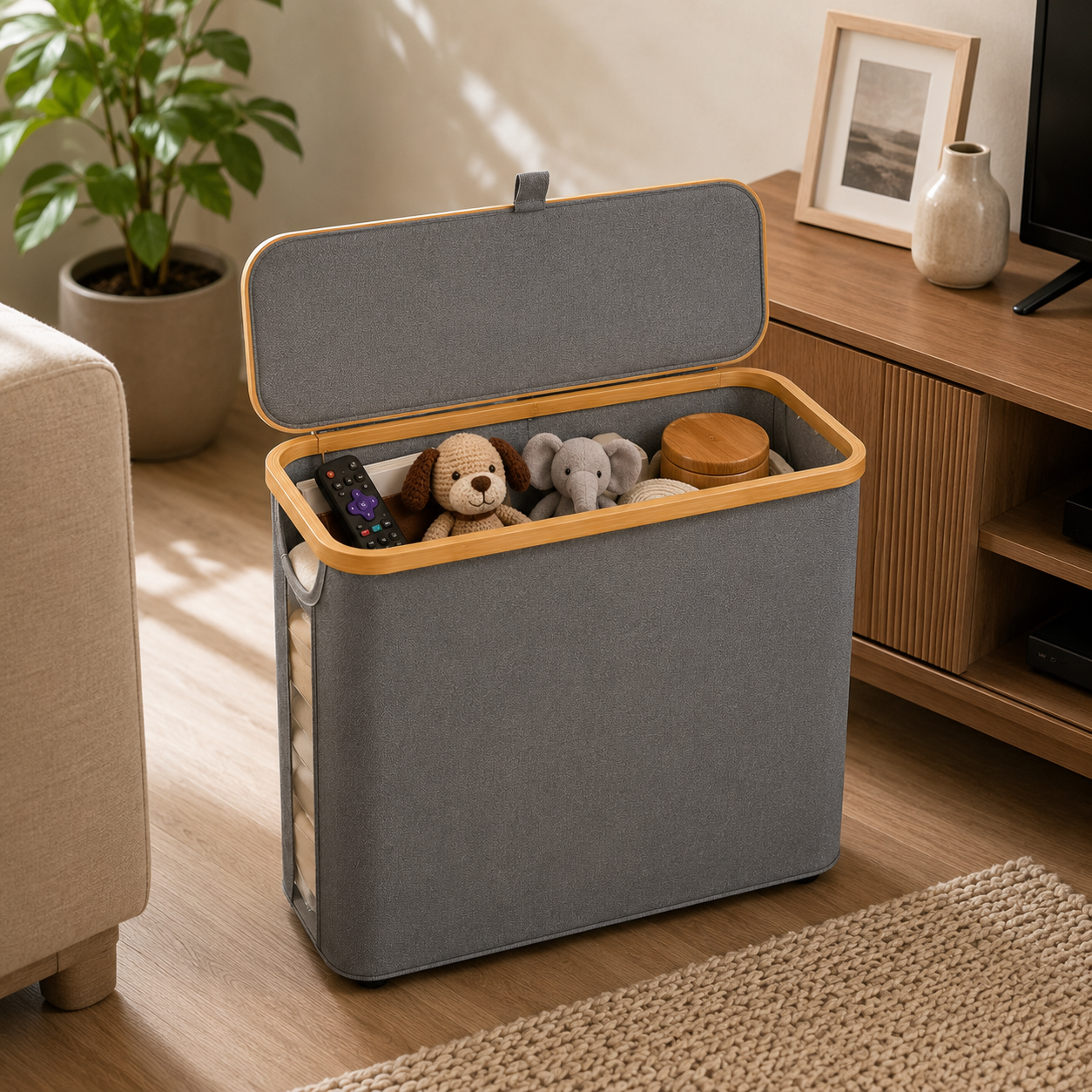Cesto Organizador Multiuso Dobrável com Tampa e Visor Lateral | Organizador para Banheiro, Quarto e Armário – OKA®