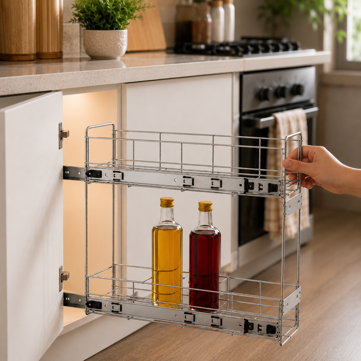 Organizador Deslizante para Armário com Corrediça Telescópica em Aço Cromado | Porta Óleo, Temperos e Latas para Cozinha – OKA®