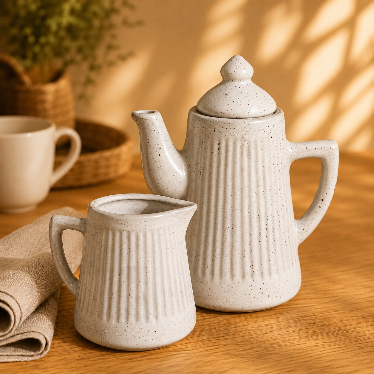 Kit Bule e Leiteira Artesanal em Cerâmica Canelada | Mesa Posta e Decoração – OKA®
