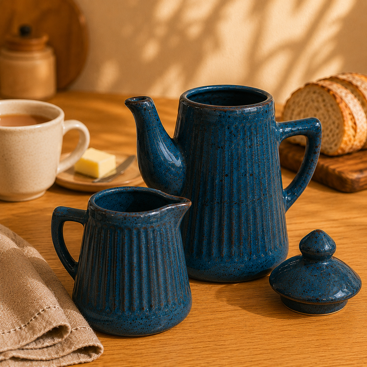 Kit Bule e Leiteira Artesanal em Cerâmica Canelada | Mesa Posta e Decoração – OKA®