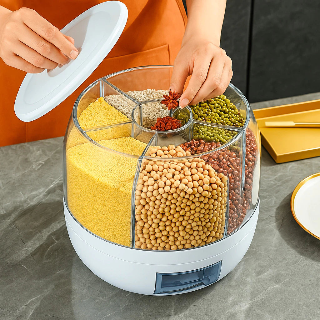 Dispenser de Cereais Giratório 6 Divisórias | Porta Grãos Organizador de Cozinha – OKA®