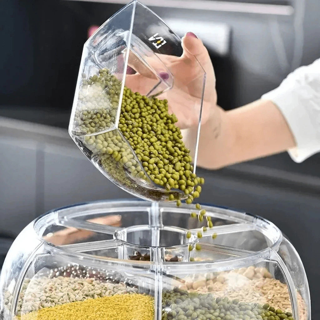 Dispenser de Cereais Giratório 6 Divisórias | Porta Grãos Organizador de Cozinha – OKA®