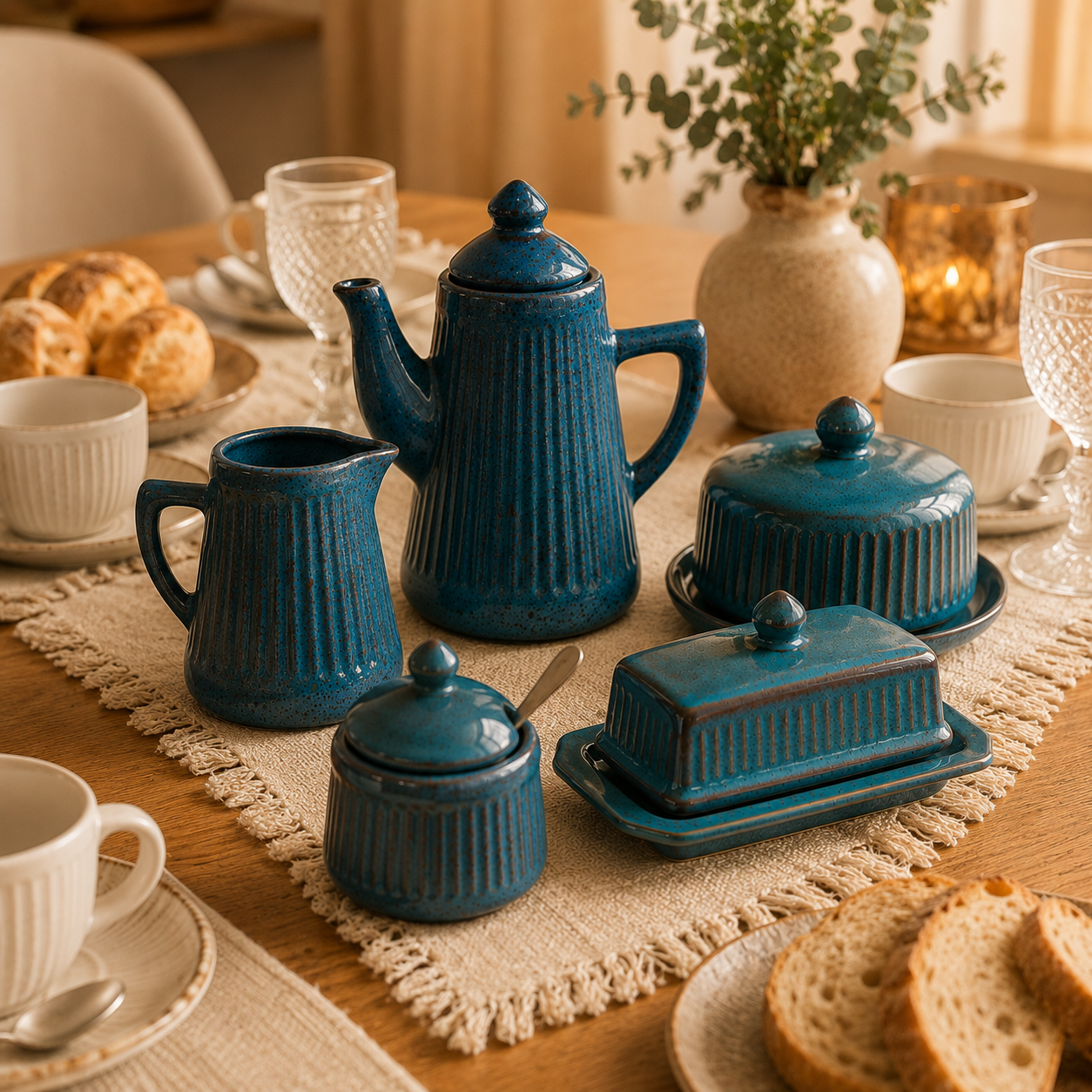 Kit Bule e Leiteira Artesanal em Cerâmica Canelada | Mesa Posta e Decoração – OKA®